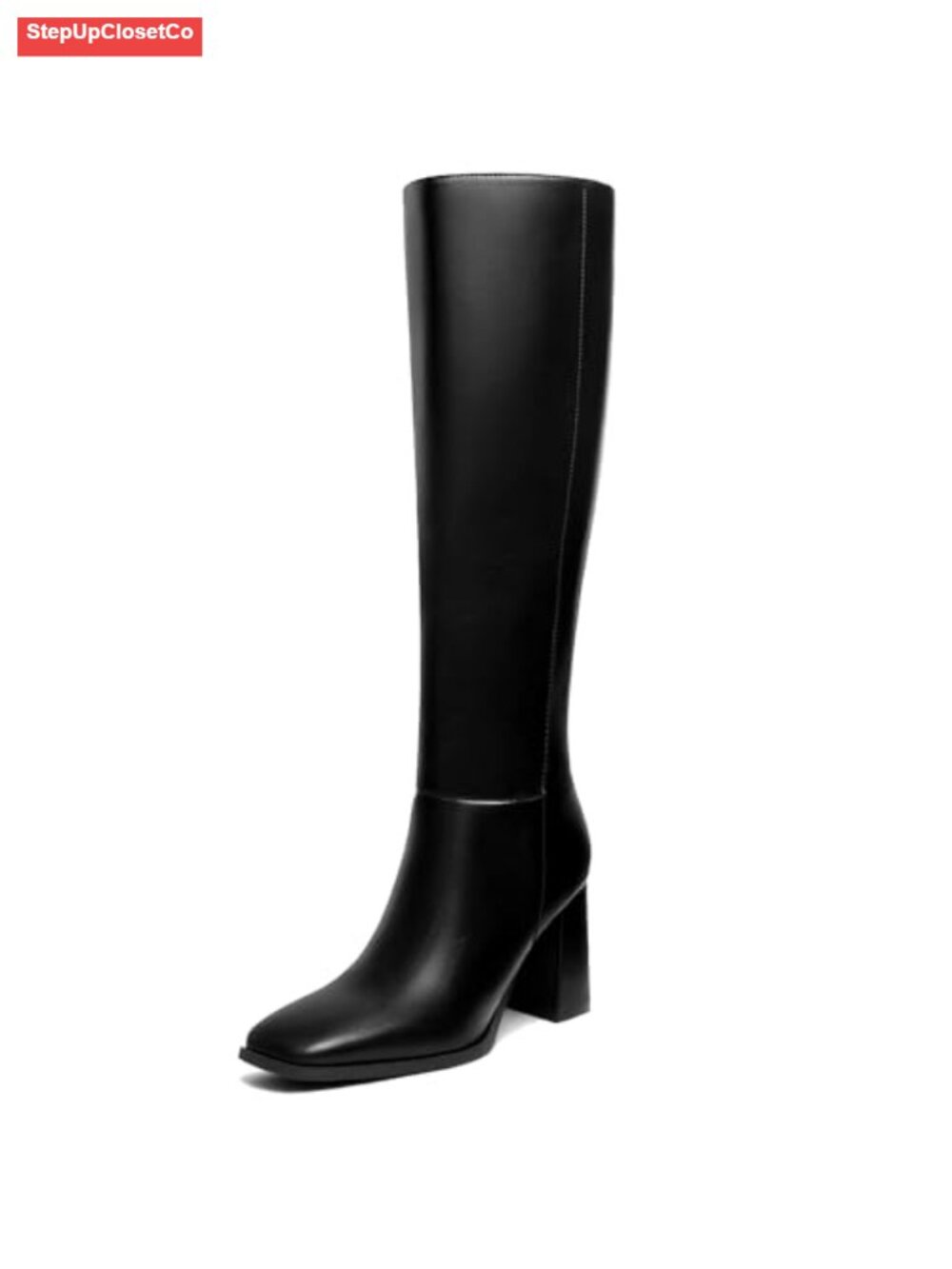 Women's Knee High Boots Chunky Heel Square Toe Side Zipper PU Leather Fashion